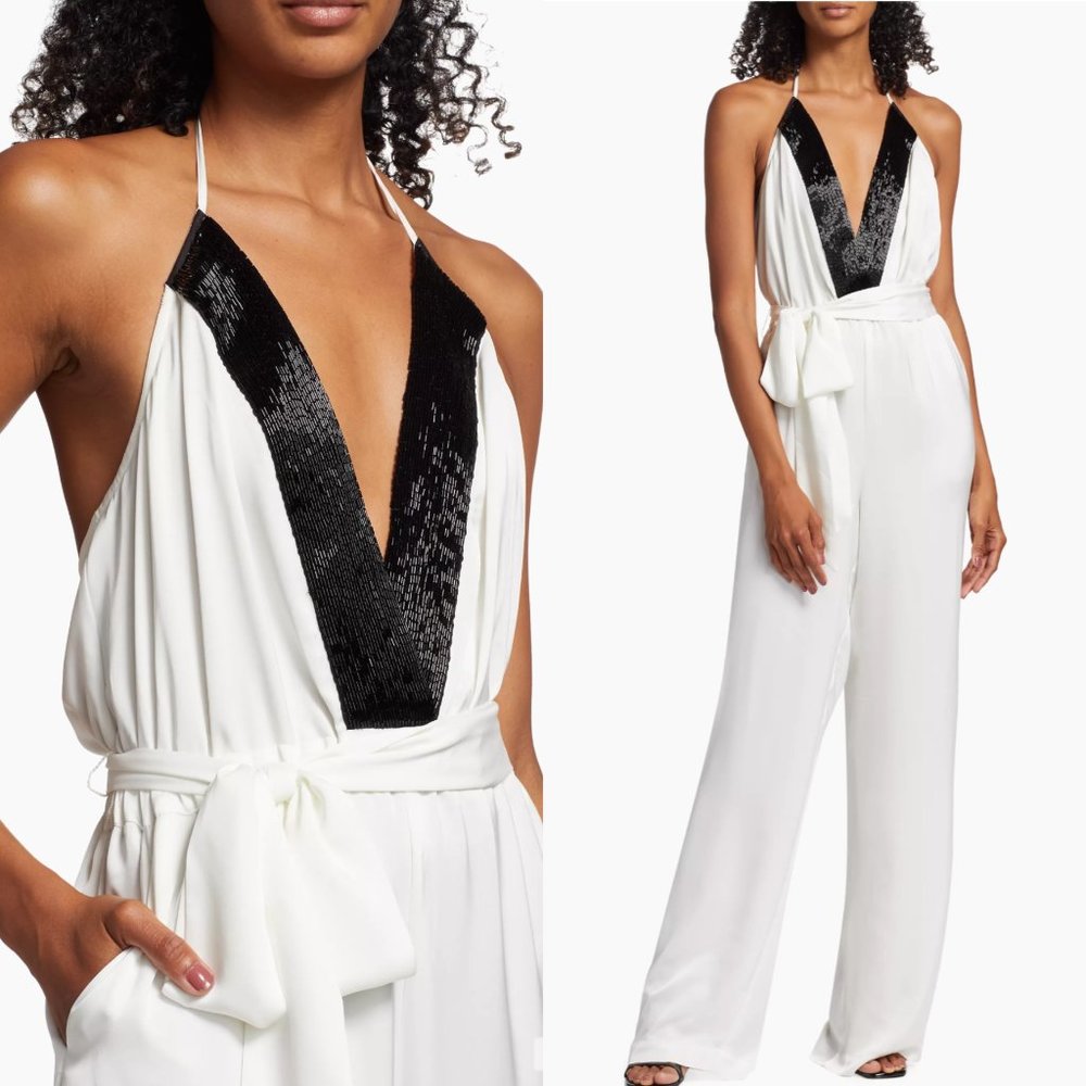ramy brook Kayla emeblished plunge neck side leg jumpsuit